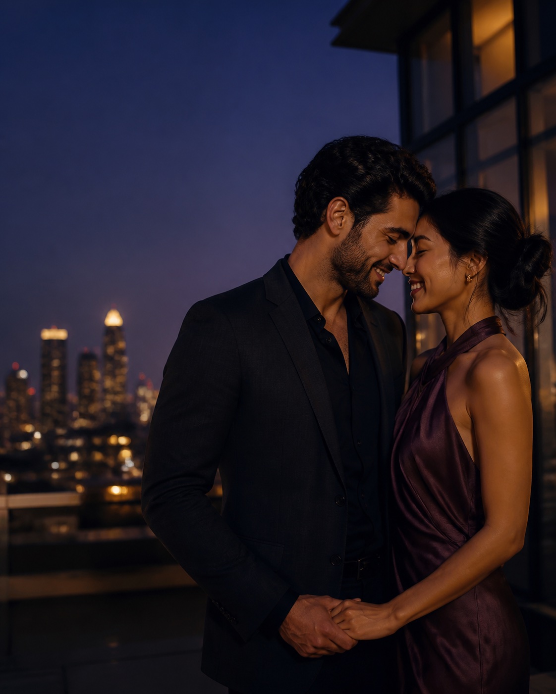 A woman and man smiling together on a rooftop at blue hour