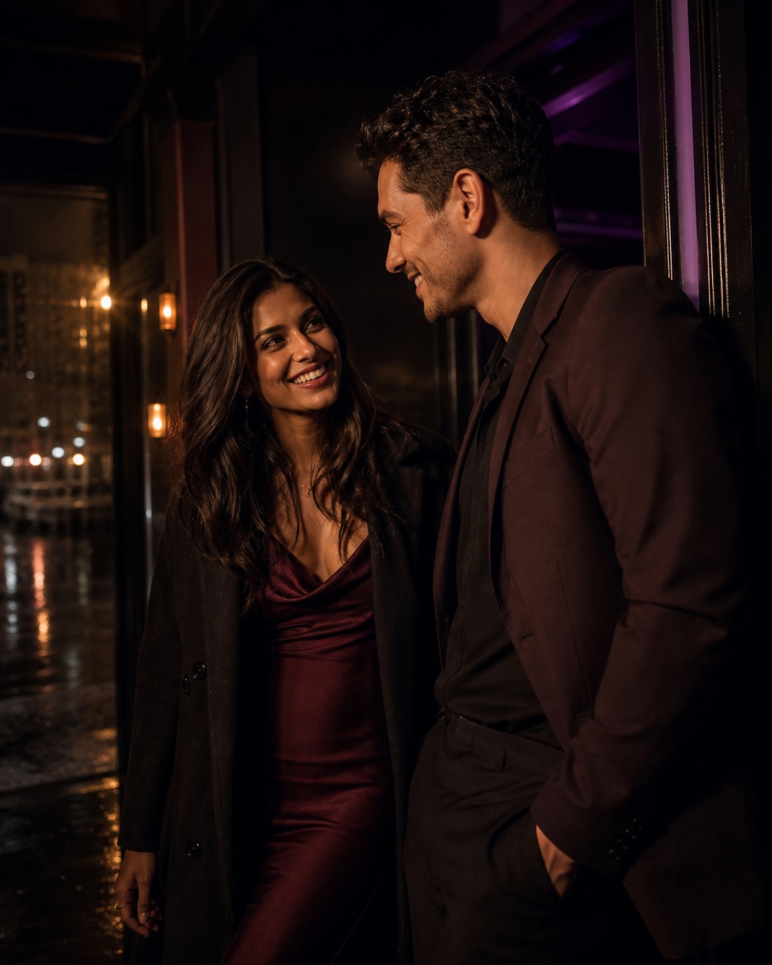 A woman and man sharing a private joke outside a music venue